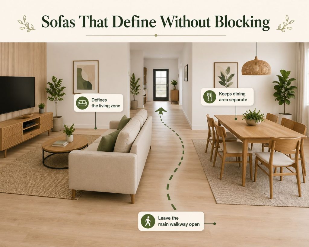 sofas that define without blocking work best in a shared living-dining space
