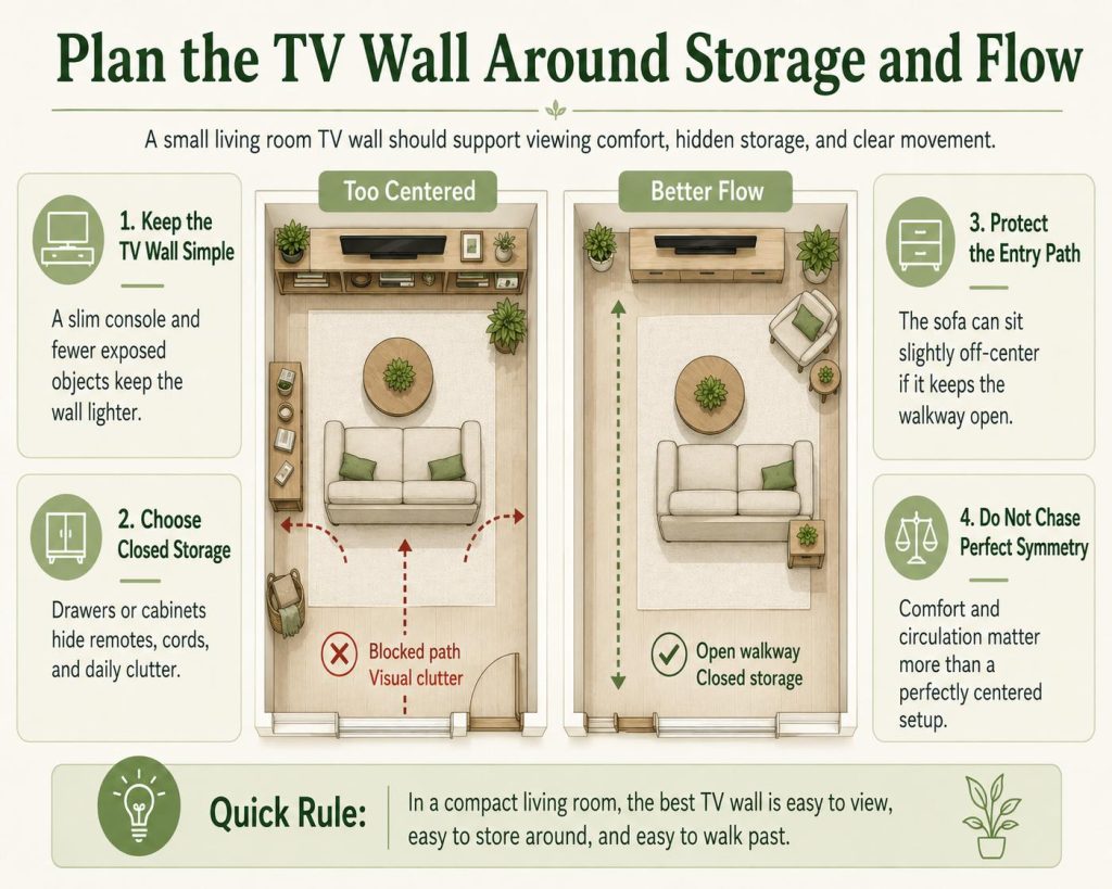 if you want your furniture makes a small layout work harder, plan the tv wall around storage and flow, a small living room tv wall should support viewing comfort, hidden storage, and clear movement