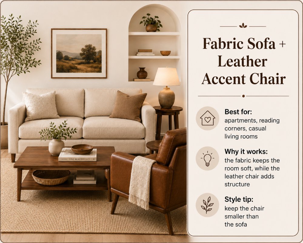 Leather and Fabric Combinations of fabric sofa plus leather accent chair