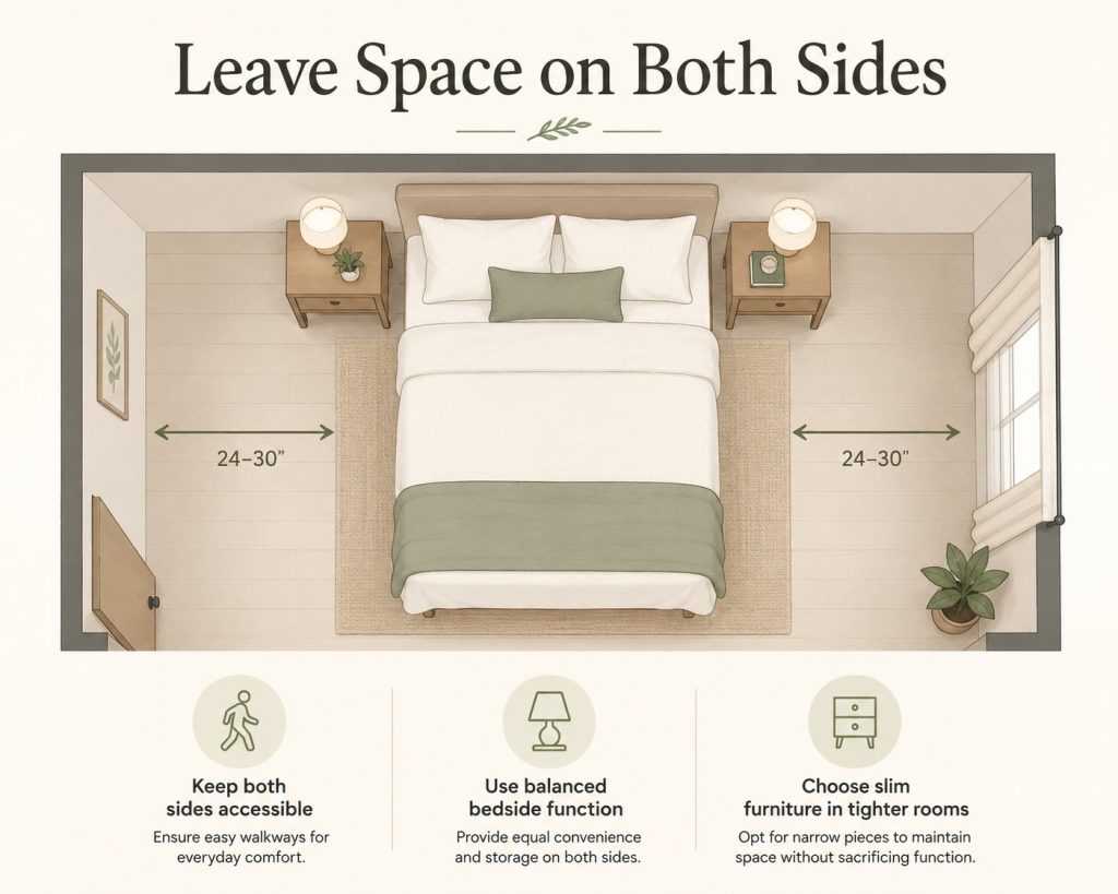 the way to decorate your bedroom for feng shui: leave enough space on both sides of your bed