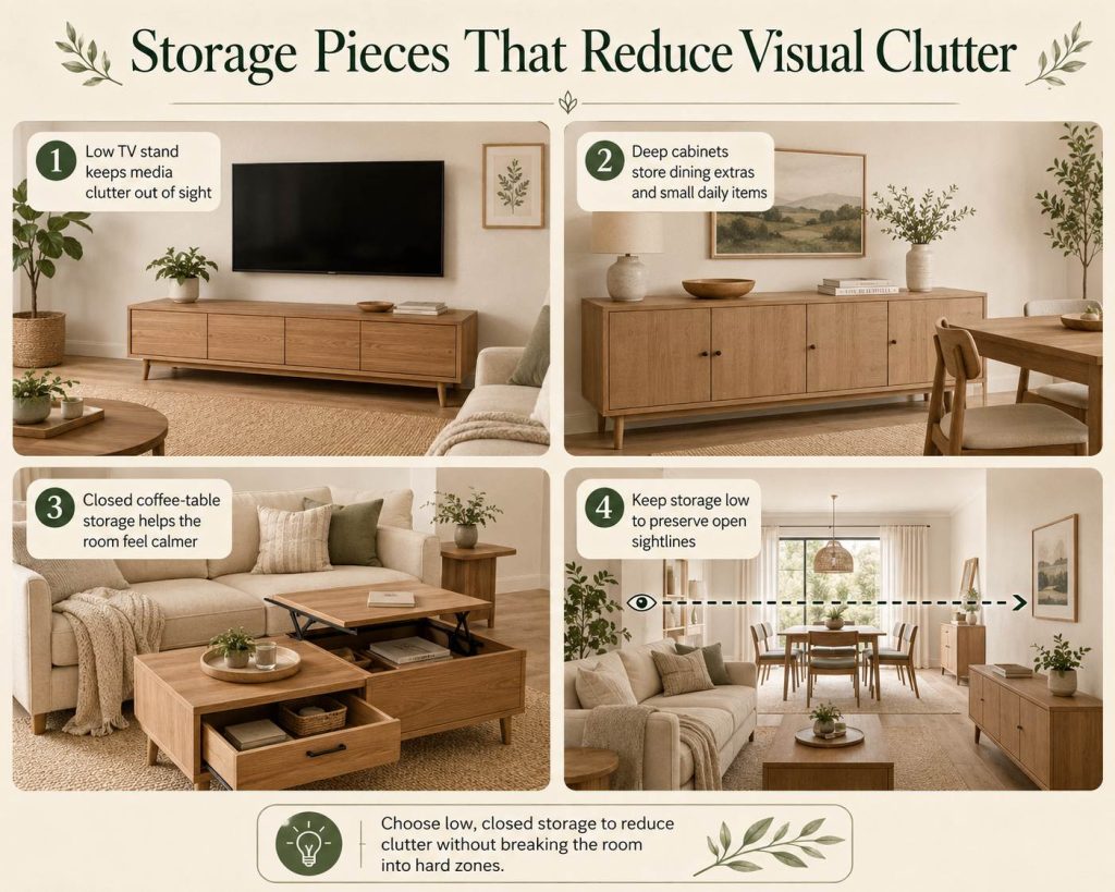 choose storage pieces that reduce visual clutter like tv stand, cabinet, coffee table storage to work best in a shared living-dining space