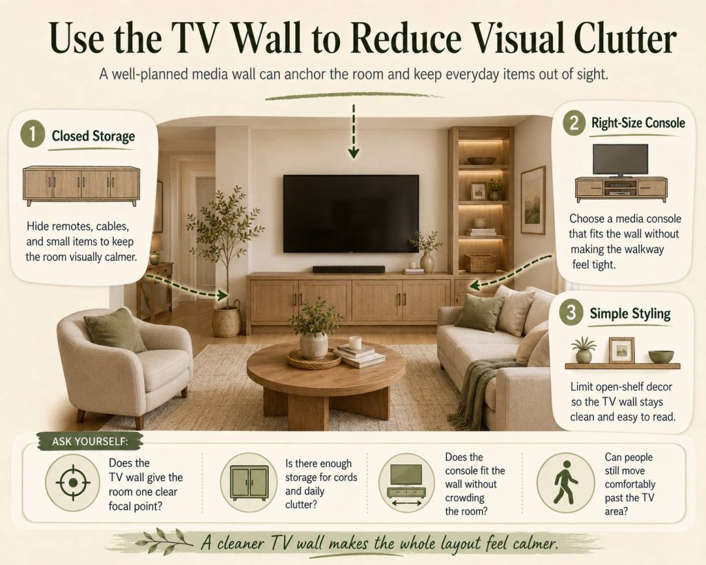 What Furniture Works Best to Improve Awkward Living Rooms?: use the tv wall to reduce visual clutter, a well-planned media wall can anchor the room and keep everyday items out of sight