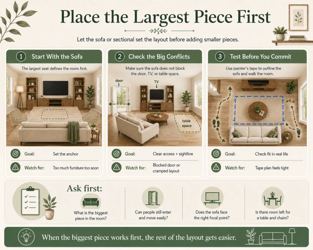 steps to fix an awkward layout: place the largest piece first, let the sofa or sectional set the layout before adding smaller pieces