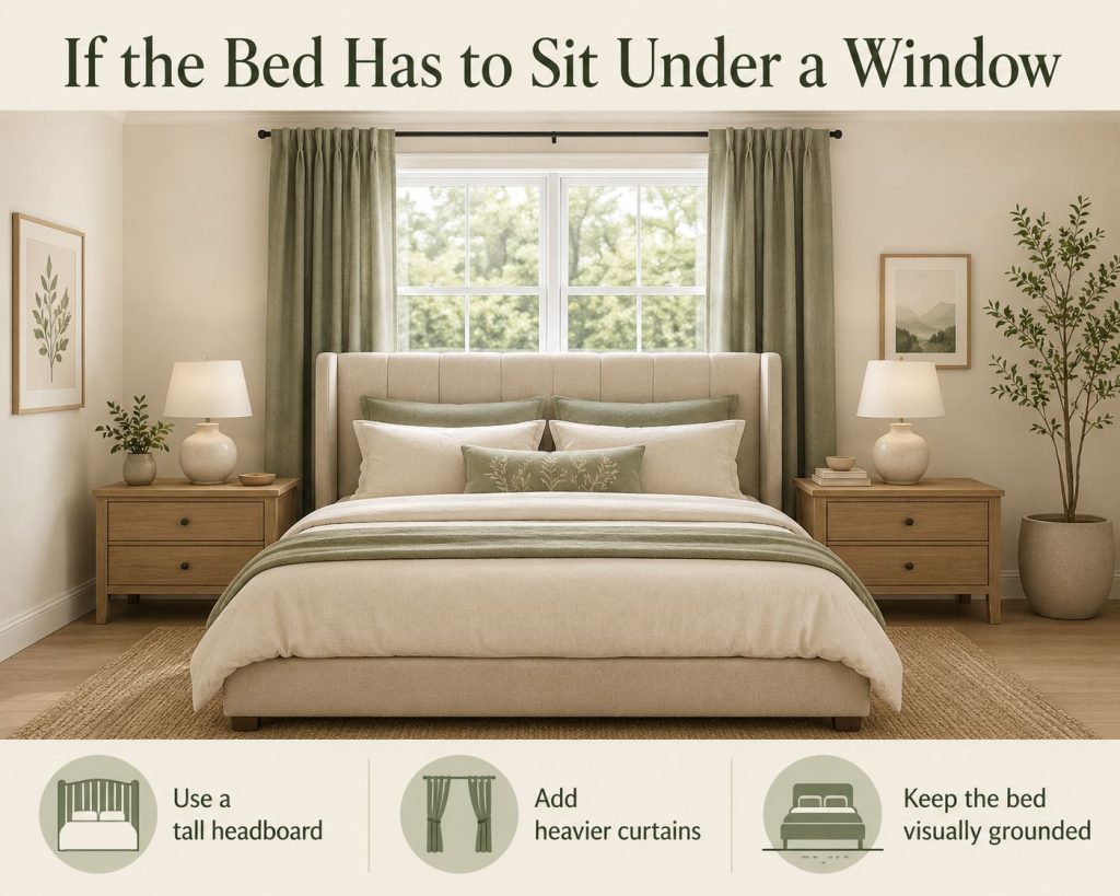 the way to fix your awkward bedroom layout in feng shui: use a tall headboard, add heavier curtains and keep the bed visually grounded if your bed has to sit under a window