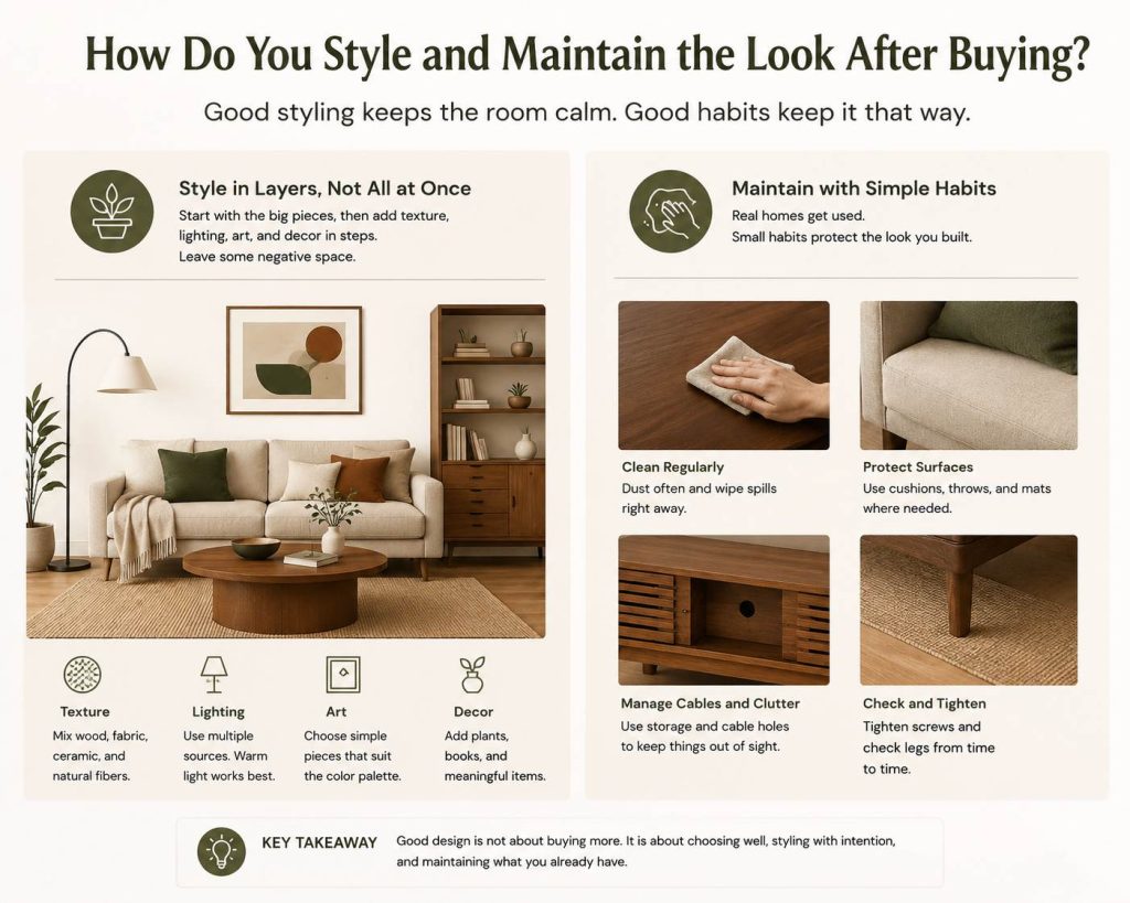 after buying mid century modern furniture, you need to follow some steps to style and maintain it: style in layers, not all at once, and maintain with simple habits