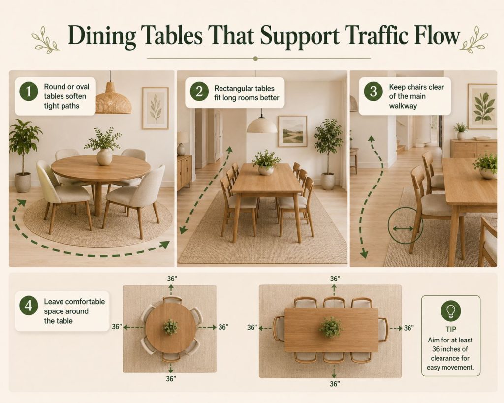 place dining tables that support traffic flow to work best in a shared living-dining space