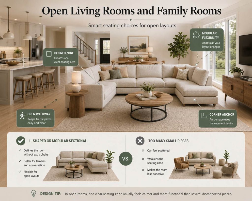 smart seating choices for open layouts like open living rooms and family rooms: choose sofa with defined zone, modular flexibility, corner anchor and open walkway