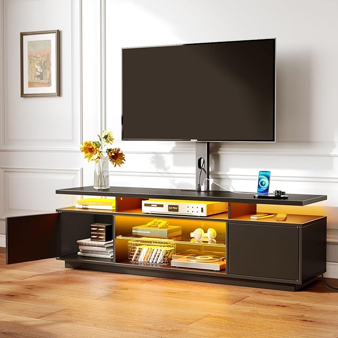 Rolanstar TV Stand with a  Mounted tv and LED Lights and storage for game play, books and media in a cozy and minimalist living room