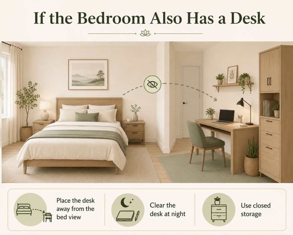 the way to fix your awkward bedroom layout in feng shui: place the desk away from the bed view, clear the desk at night and use closed storage if the bedroom also has a desk