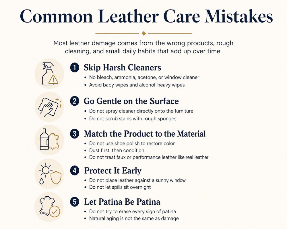 Avoid these common mistakes:
Using bleach, ammonia, acetone, or window cleaner.
Cleaning leather with baby wipes or alcohol-heavy wipes.
Spraying cleaner directly onto the furniture.
Scrubbing stains with rough sponges.
Using shoe polish to “restore” color.
Applying conditioner before removing dust.
Conditioning faux or performance leather as if it were real leather.
Placing leather against a sunny window without protection.
Letting spills sit overnight.
Trying to erase every sign of patina.