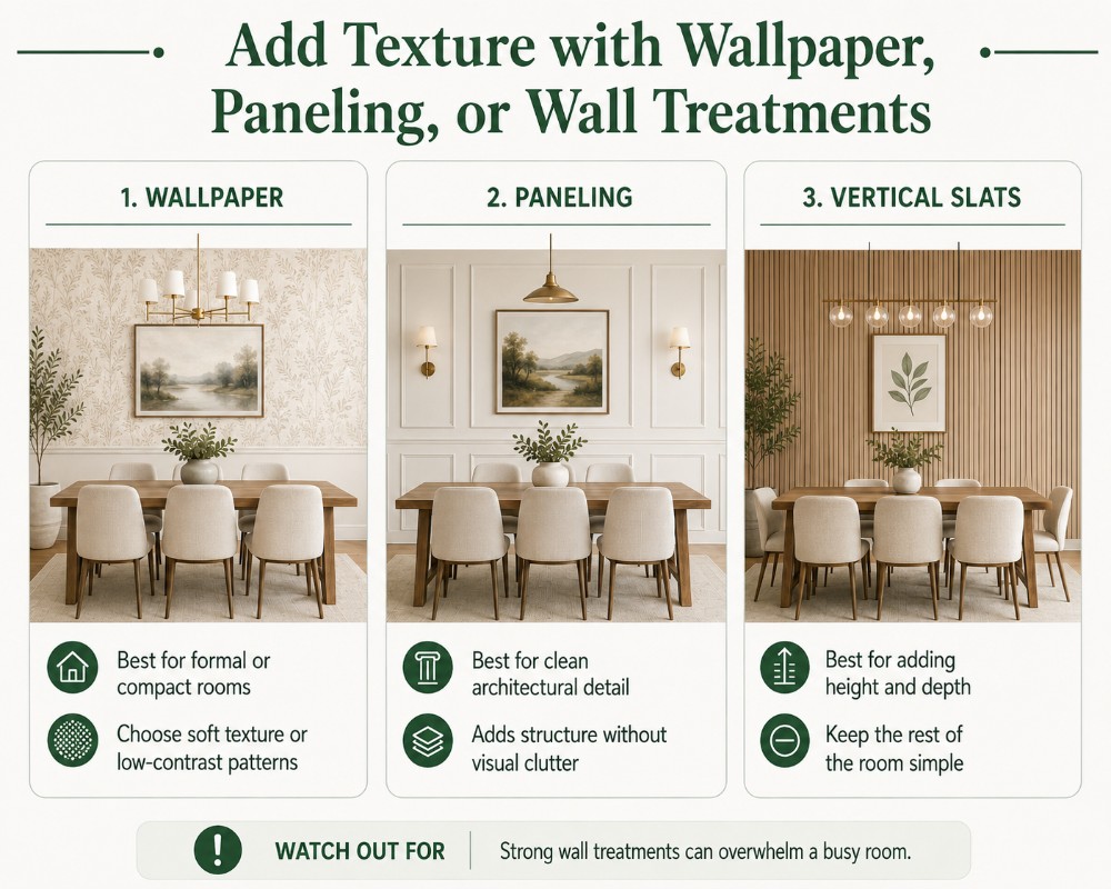 Dining Room Wall Decor Ideas : add texture with wallpaper, paneling, or wall treatments