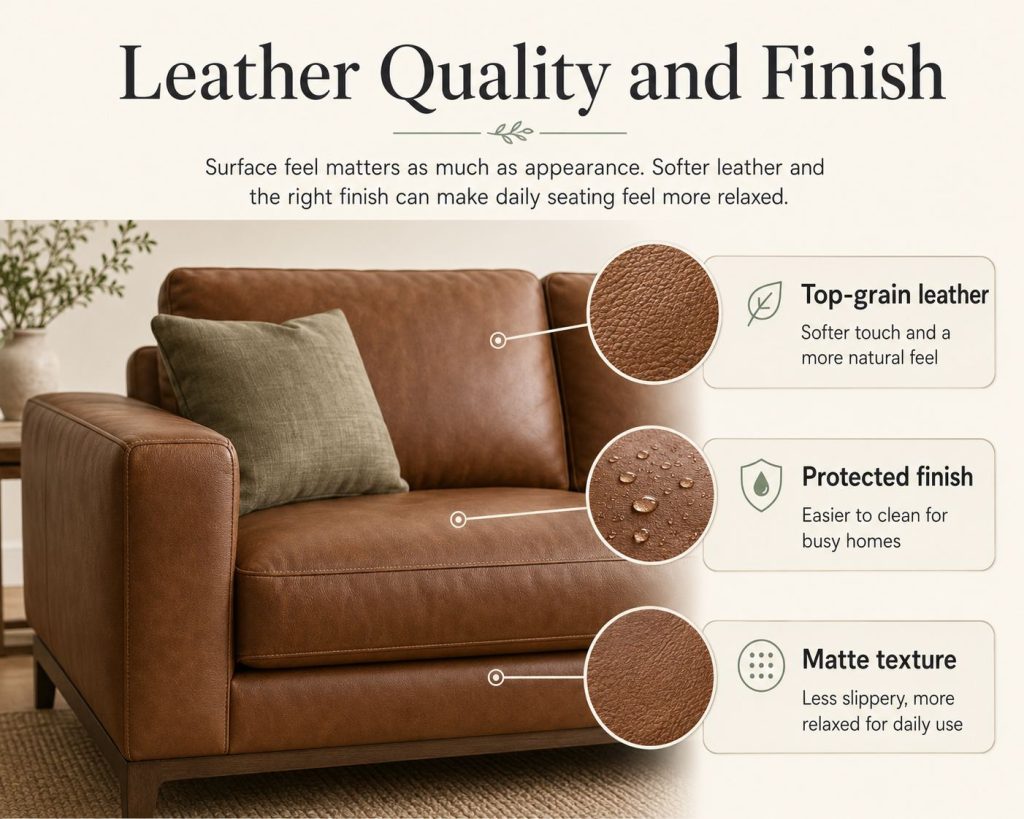 the first factor of making a leather couch feel comfortable: leather quality and finish