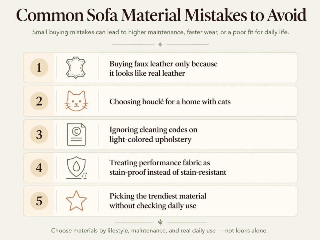 Common Sofa Material Mistakes to Avoid: Buying faux leather only because it looks like real leather Choosing bouclé for a home with cats Ignoring cleaning codes on light-colored upholstery Treating performance fabric as stain-proof instead of stain-resistant Picking the trendiest material without checking daily use
