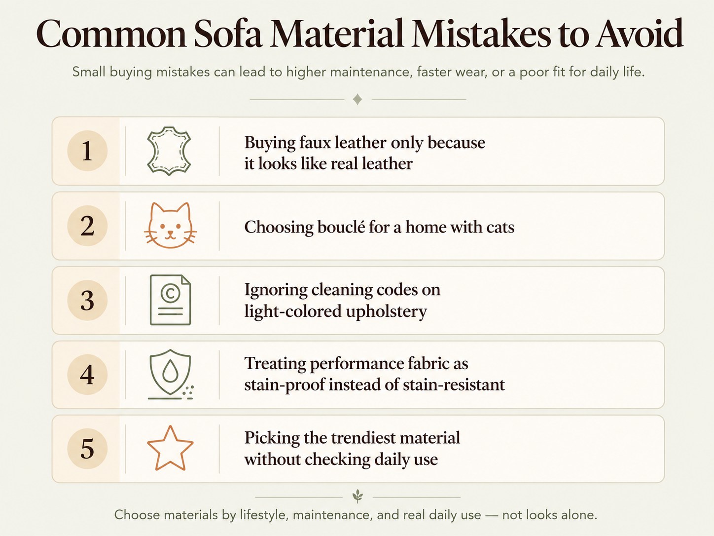 Common Sofa Material Mistakes to Avoid: Buying faux leather only because it looks like real leather Choosing bouclé for a home with cats Ignoring cleaning codes on light-colored upholstery Treating performance fabric as stain-proof instead of stain-resistant Picking the trendiest material without checking daily use