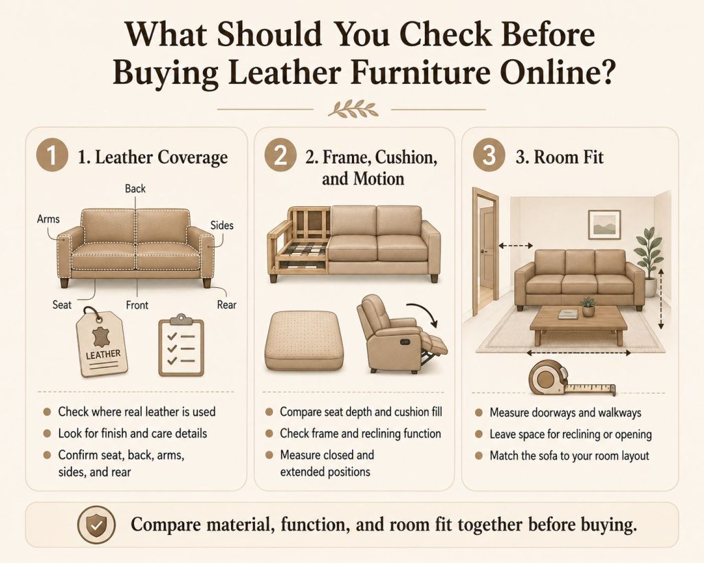 check leather coverage, frame, cushion, and motion, room fit before you buy leather furniture online