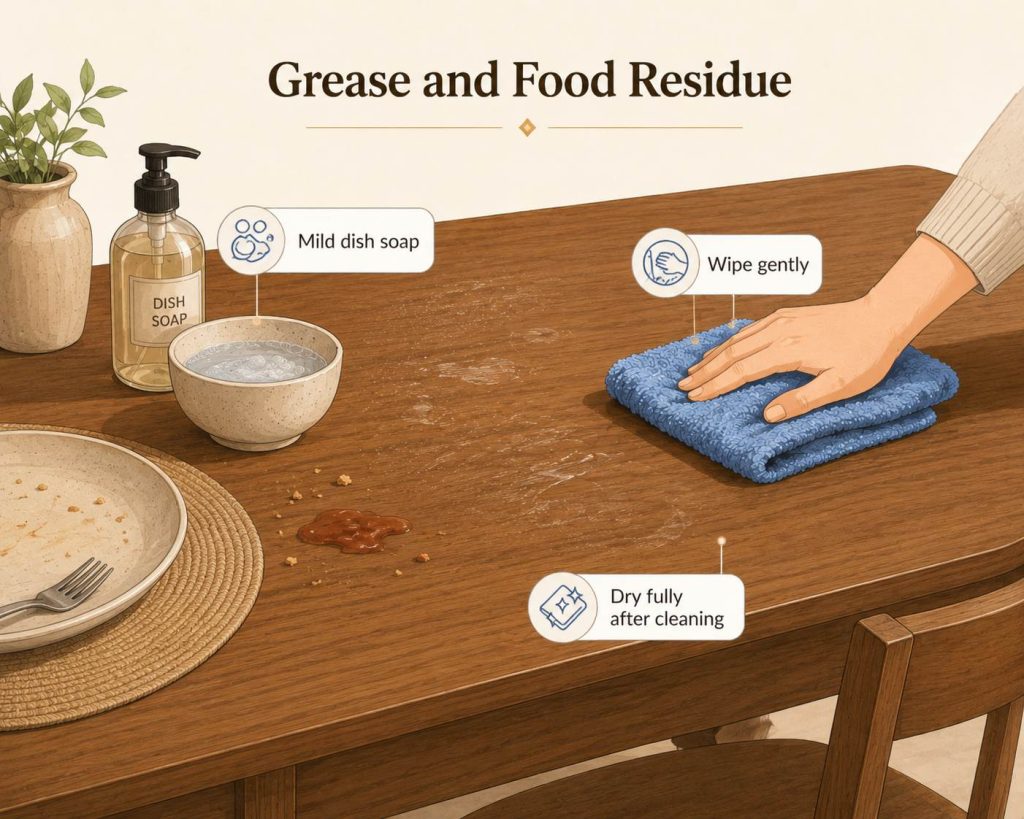 Dining tables and sideboards often collect a thin layer of grease, especially near kitchens or open-plan dining areas. Use warm water with a few drops of mild dish soap. Wipe the affected area gently, then dry fully.
