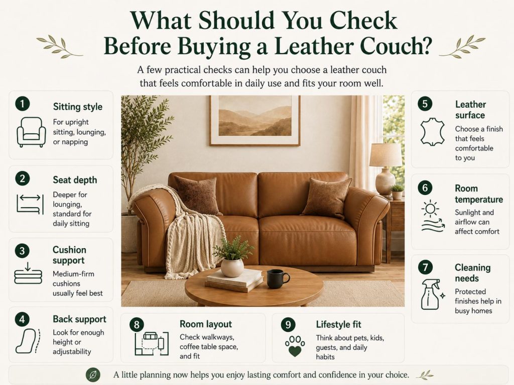 What Should You Check Before Buying a Leather Couch: sitting style, seat depth, cushion support, back support, leather surface, room temperature, cleaning needs, room layout and lifestyle fit.