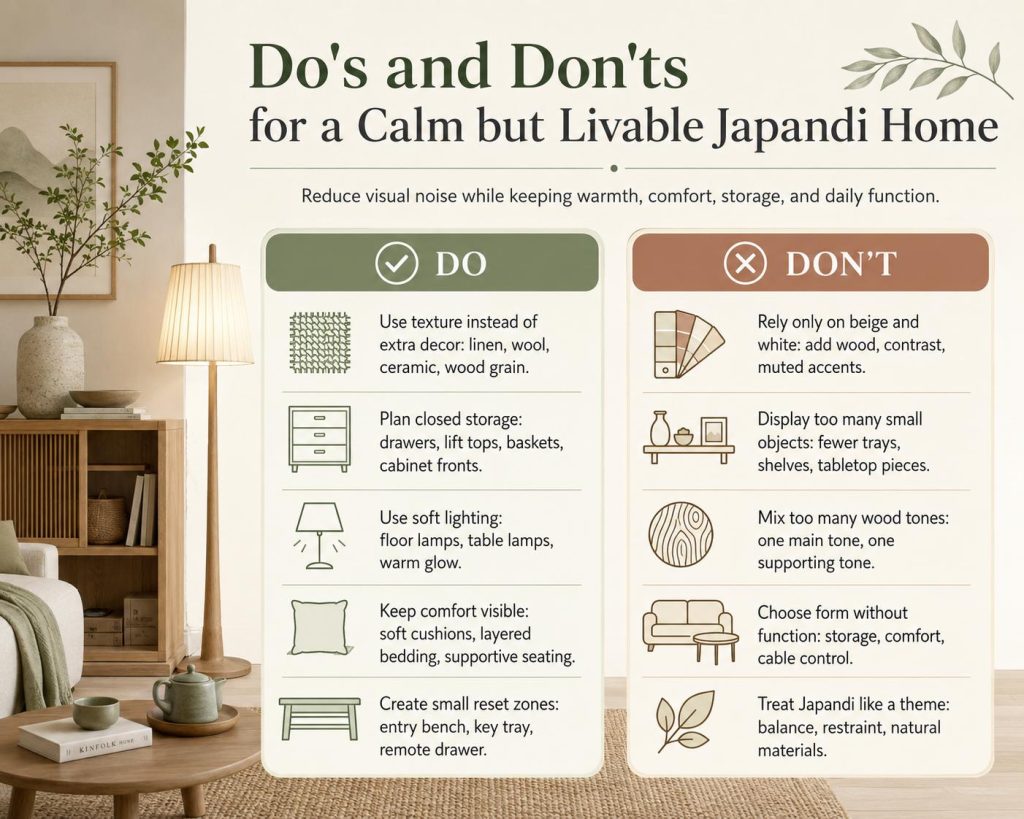 do's and don'ts for a calm but livable japandi home, reduce visual noise while keeping warmth, comfort, storage, and daily function