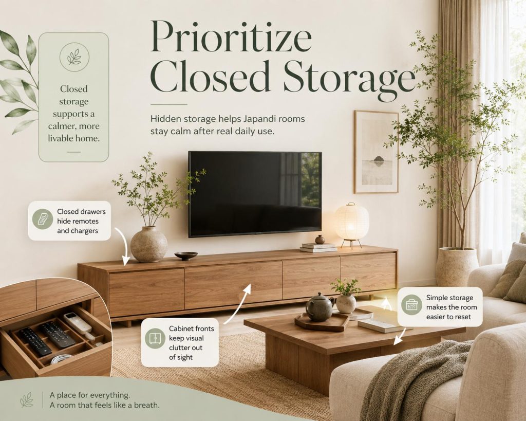 Prioritize Closed Storage helps japandi rooms stay calm after real daily use