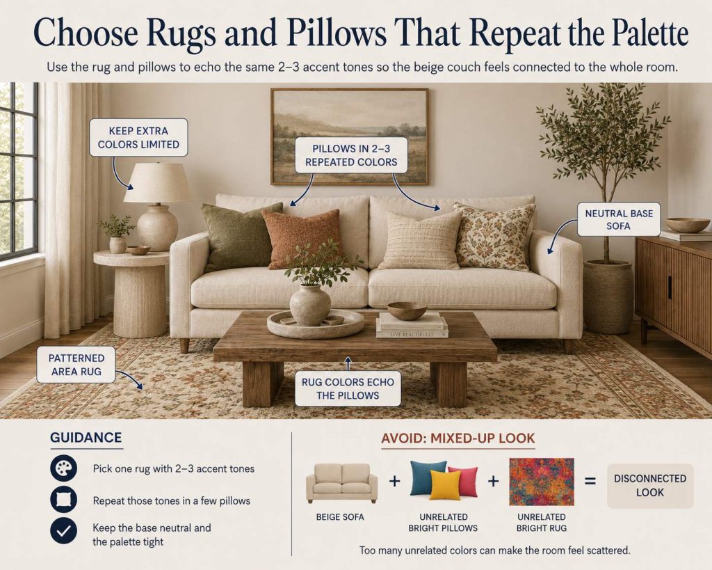choose rugs and pillows that repeat the palette to style around a beige couch without making it look flat, use the rug and pillows to echo the same 2-3 accent tones so the beige couch feels connected to the whole room
