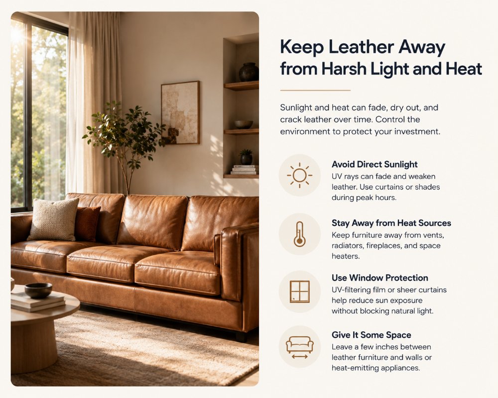 Keep Leather Away from Harsh Light and Heat Direct sunlight can fade leather, especially darker colors and more natural finishes. Heat can also dry the material and make it less flexible. Try to place leather furniture a few feet away from heating vents, fireplaces, radiators, and large sunny windows. If the layout cannot change, use practical protection: Close curtains during peak afternoon sun. Use UV-filtering window film in very bright rooms. Rotate removable cushions when possible. Check sunny-facing areas more often for dryness.