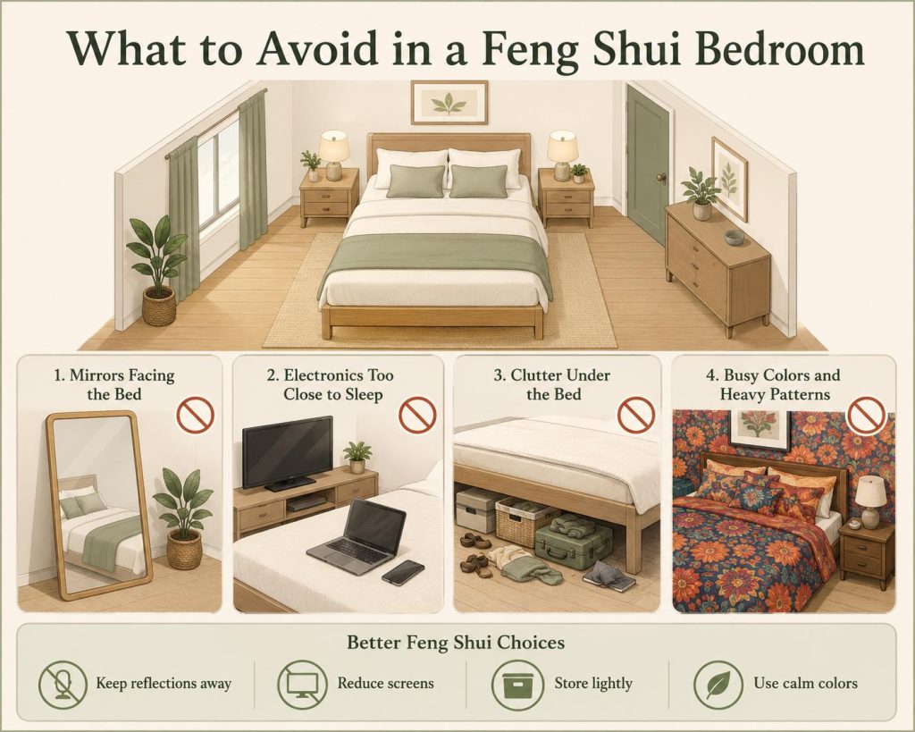a couple of tips for you to avoid in a feng shui bedroom: mirrors facing the bed, electronics too close to sleep, clutter under the bed, and busy colors and heavy patterns