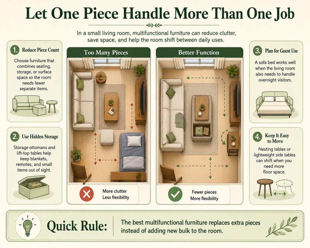 if you want your furniture makes a small layout work harder, let one piece of furniture handle more than one job, multifunctional furniture can reduce clutter, save space, and help the room shift between daily uses.