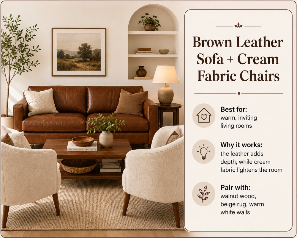 Leather and Fabric Combinations of brown leather sofas plus cream fabric charis