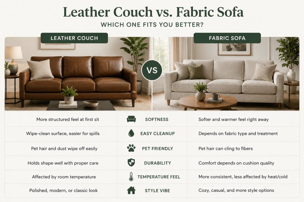 Leather vs Fabric Comfort comparison in softness, easy cleanup, pet friendly, durability, temperature feel and style vibe.