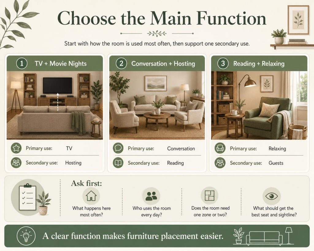 steps to fix an awkward layout: choose the main function, start with how the room is used most often, then support one secondary use