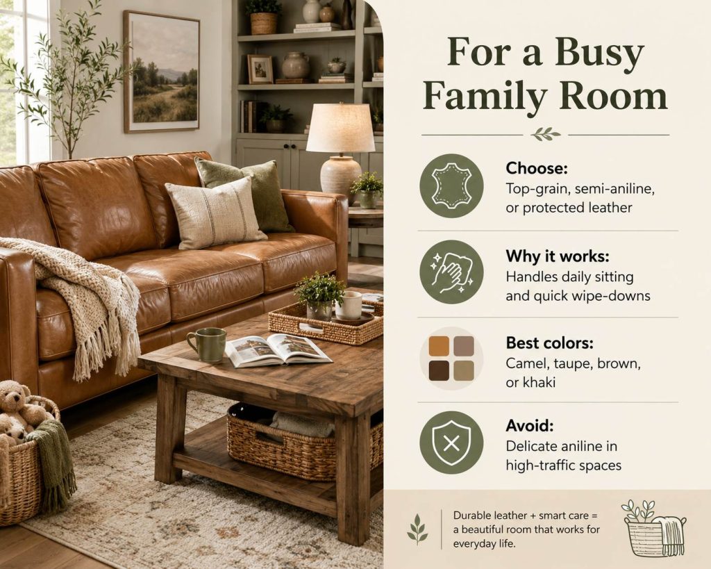 leather-choosing for a busy family room: choose specific leather, colors with reasons and notes