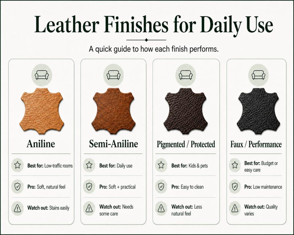 four types of leather finishes for daily use: aniline, semi-aniline, protected and faux