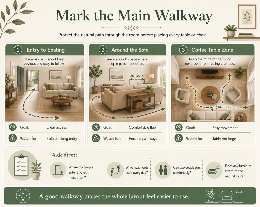 steps to fix an awkward layout: mark the main walkway, protect the natural path through the room before placing every table or chair