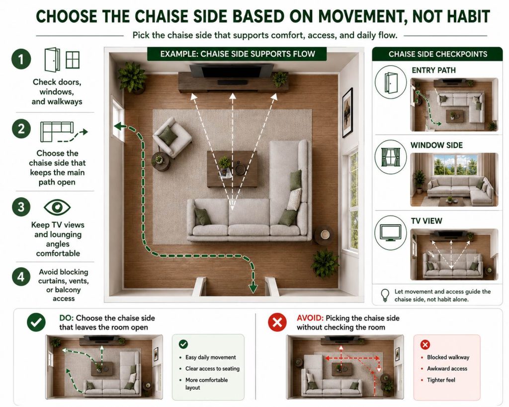 steps to Arrange a Living Room with Sectional Couch: the third step is to choose the chaise side based on movement not habit
