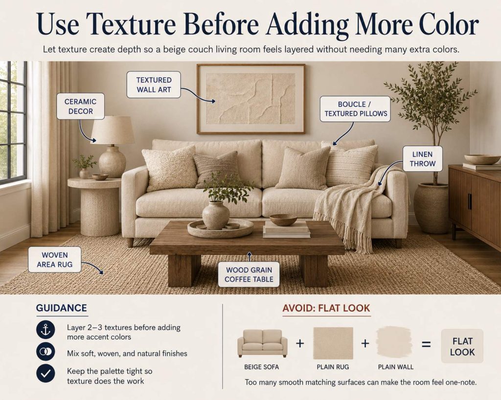use texture before adding more color  to style around a beige couch without making it look flat, let texture create depth so a beige couch living room feels layered without needing many extra colors