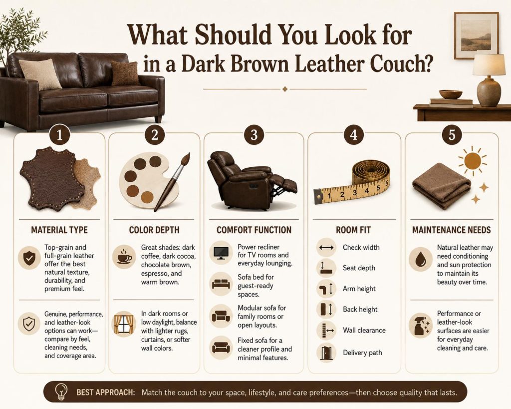 Focus on these points before choosing a dark brown leather sofa: material type, color depth, comfort function, room fit and maintenance needs