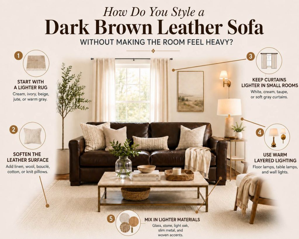 the way to Style a Dark Brown Leather Sofa Without Making the Room Feel Heavy: start with a lighter rug, soften the leather surface, keep curtains lighter in small rooms, use warm layered lighting, and mix in lighter materials