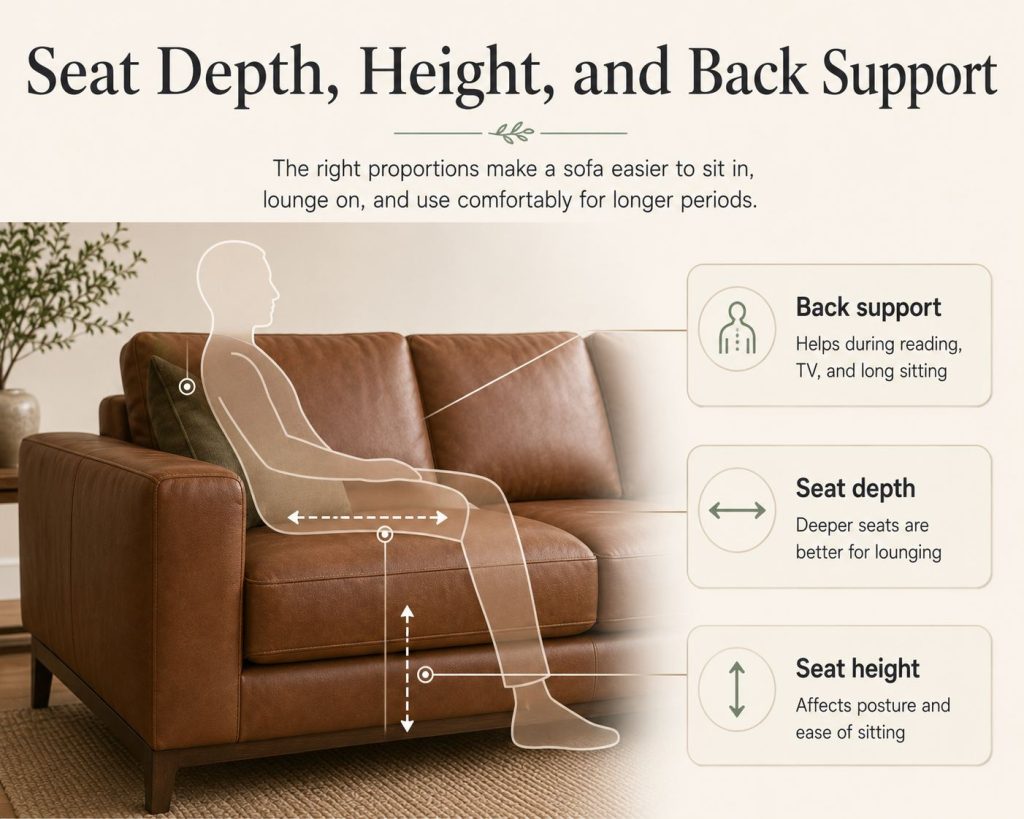 What Makes a Leather Couch Feel Comfortable? the third factor is seat depth, height, and back support