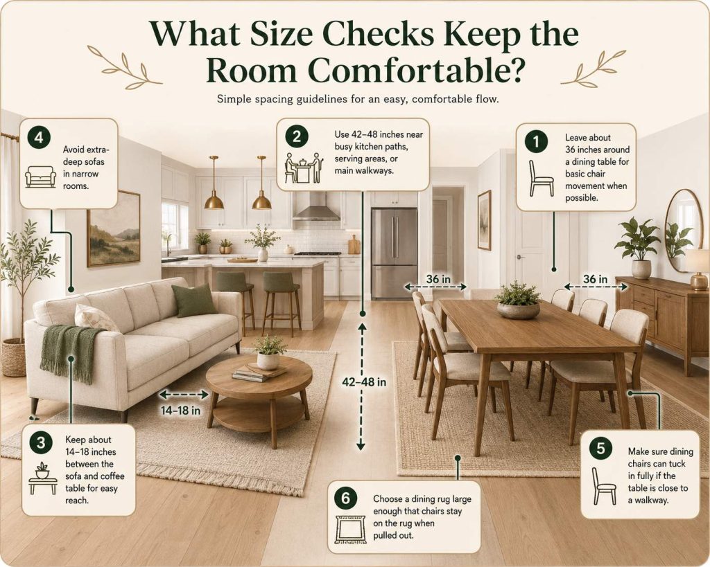 Size Checks to Keep the Room Comfortable:Leave about 36 inches around a dining table for basic chair movement when possible.
Use 42 to 48 inches near busy kitchen paths, serving areas, or main walkways.
Keep about 14 to 18 inches between the sofa and coffee table for easy reach.
Avoid extra-deep sofas in narrow rooms unless the dining zone sits clearly behind or beside them.
Make sure dining chairs can tuck in fully if the table is close to a walkway.
Choose a dining rug large enough that chairs stay on the rug when pulled out.