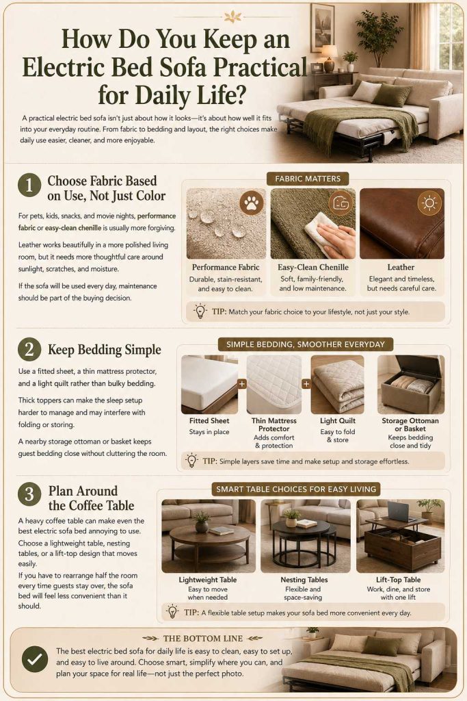 steps to Keep an Electric Bed Sofa Practical for Daily Life: Choose Fabric Based on Use, Not Just Color, Keep Bedding Simple, Plan Around the Coffee Table