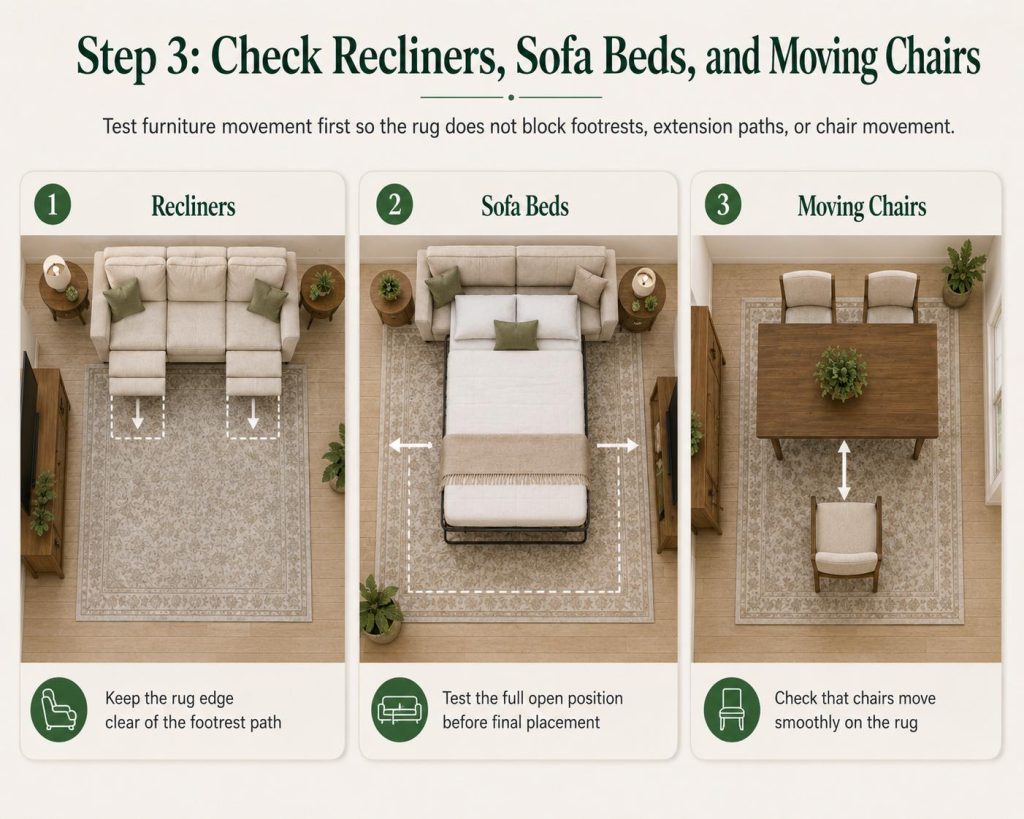 steps to lay rugs around furniture: the third step is to check recliners, sofa beds, and moving chairs, test furniture movement first so the rug does not block footrests, extension paths, or chair movement