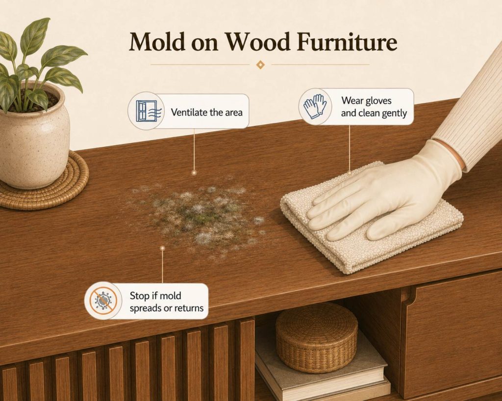 If you need to know how to clean mold off wood furniture, first move the piece away from other furniture and improve ventilation. Wear gloves and a mask, then remove loose surface mold with a soft brush or dry cloth. Do this carefully so spores do not spread through the room.