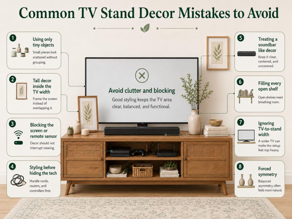 Common TV Stand Decor Mistakes to Avoid: Using only tiny objects, Placing tall decor inside the TV width, Blocking the screen or remote sensor, Styling before hiding the tech, Treating a soundbar like decor, Filling every open shelf, Ignoring TV-to-stand width, and Making both sides identical by force
