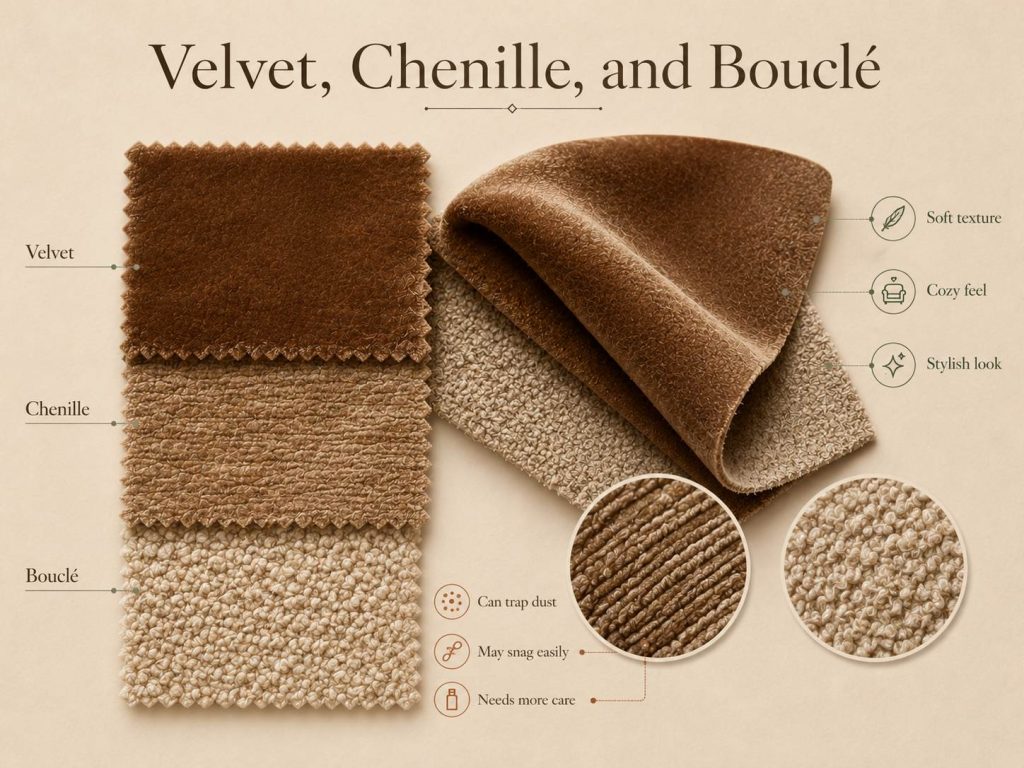 the pros of velvet, chenille, and bouclé are soft texture, cozy feel and stylish look. while their cons are trapping dust, snagged easily and need more care