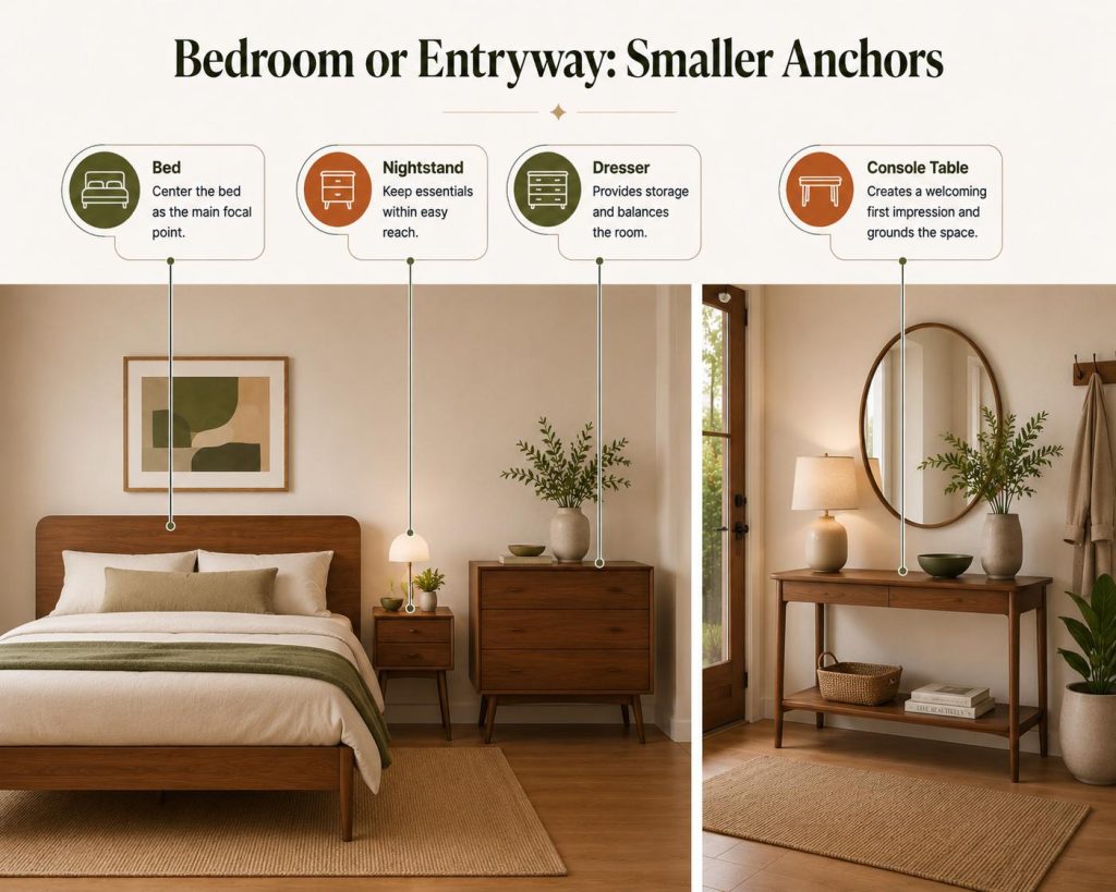 if you want to decorate your bedroom or entryway in a mid century modern style, you should center the bed as the main focal point, keep essentials within easy reach, provides storage and balances the room, and creates a welcoming first impression and grounds the space