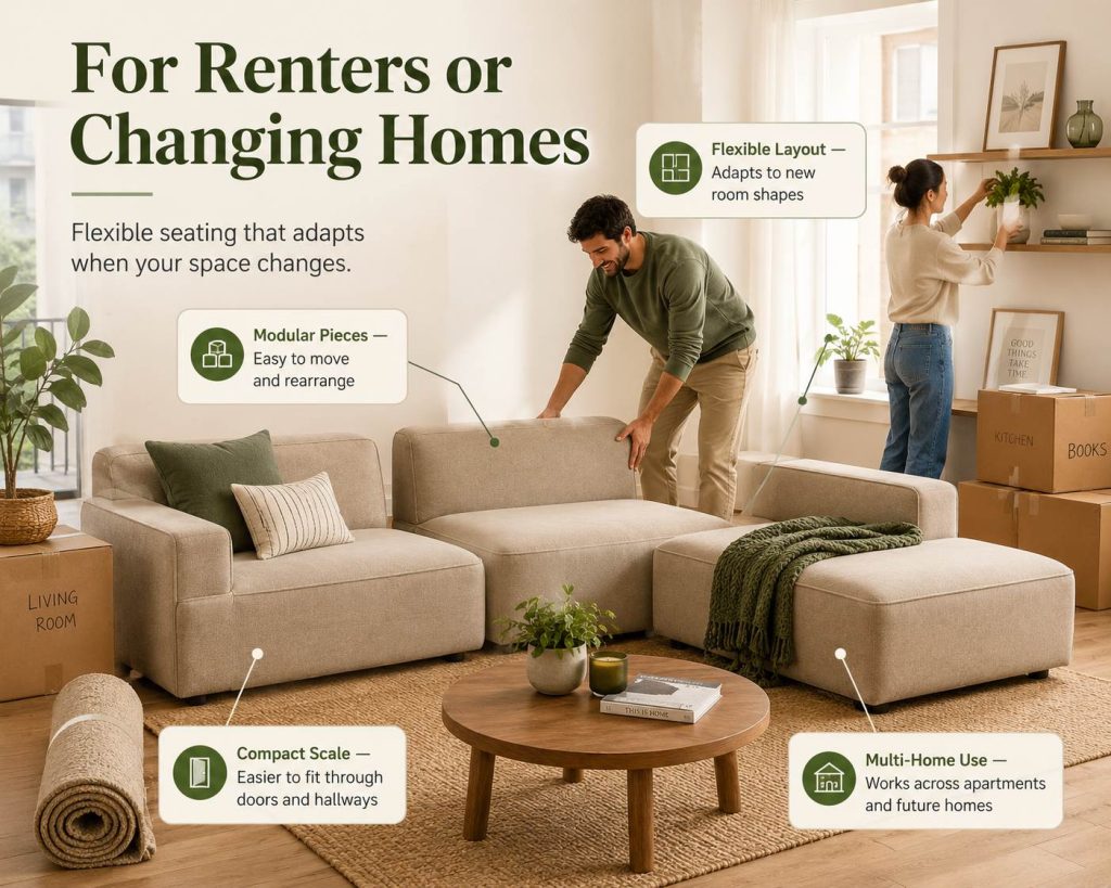 Modular sofas, reversible chaise sofas, and smaller standard sofas are easier to adapt for renters or changing homes