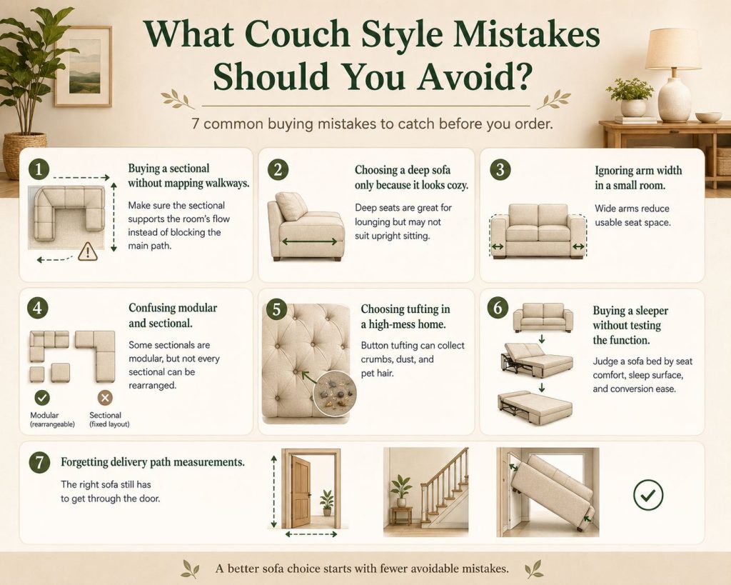 avoid these mistakes before buying couch: Buying a sectional without mapping walkways, Choosing a deep sofa only because it looks cozy, Ignoring arm width in a small room, Confusing modular and sectional, Choosing tufting in a high-mess home, Buying a sleeper without testing the function, and Forgetting delivery path measurements