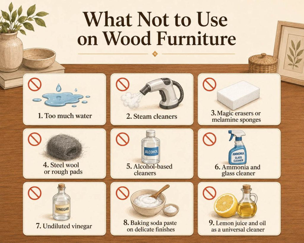 what not to use on wood furniture: too much water, steam cleaners, magic erasers or melamine sponges, steel wool or rough pads, alchohol-based cleaners, ammonia and glass cleaner, undiluted vinegar, baking soda paste on delicate finishes, and lemon juice and oil as a universal cleaner