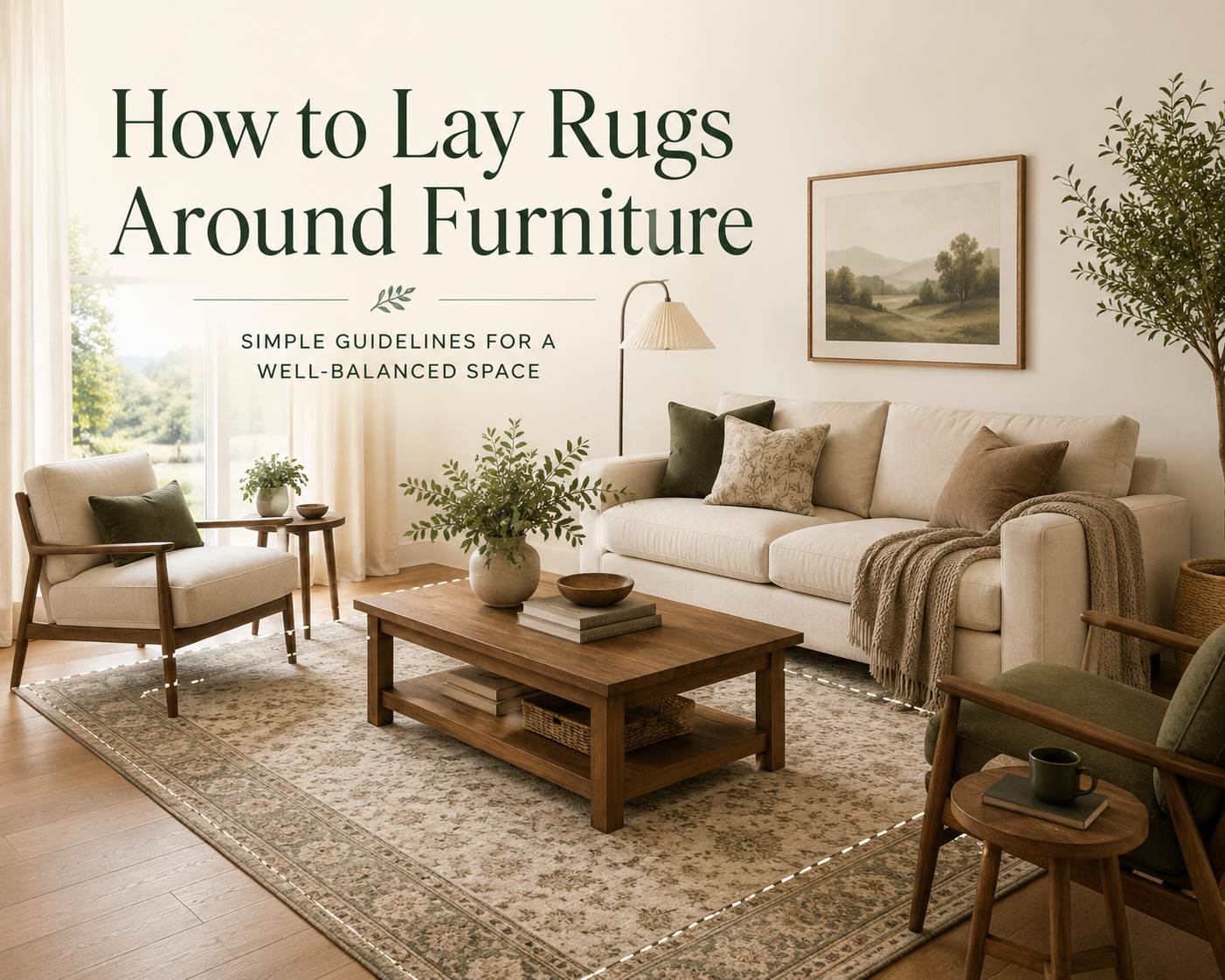 povison's guide on how to lay rugs around furniture in living rooms, bedrooms and dining rooms