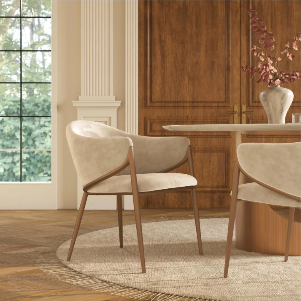 Beige cotton-linen dining chairs with curved arms, shown around a modern table in a warm, softly lit dining room.